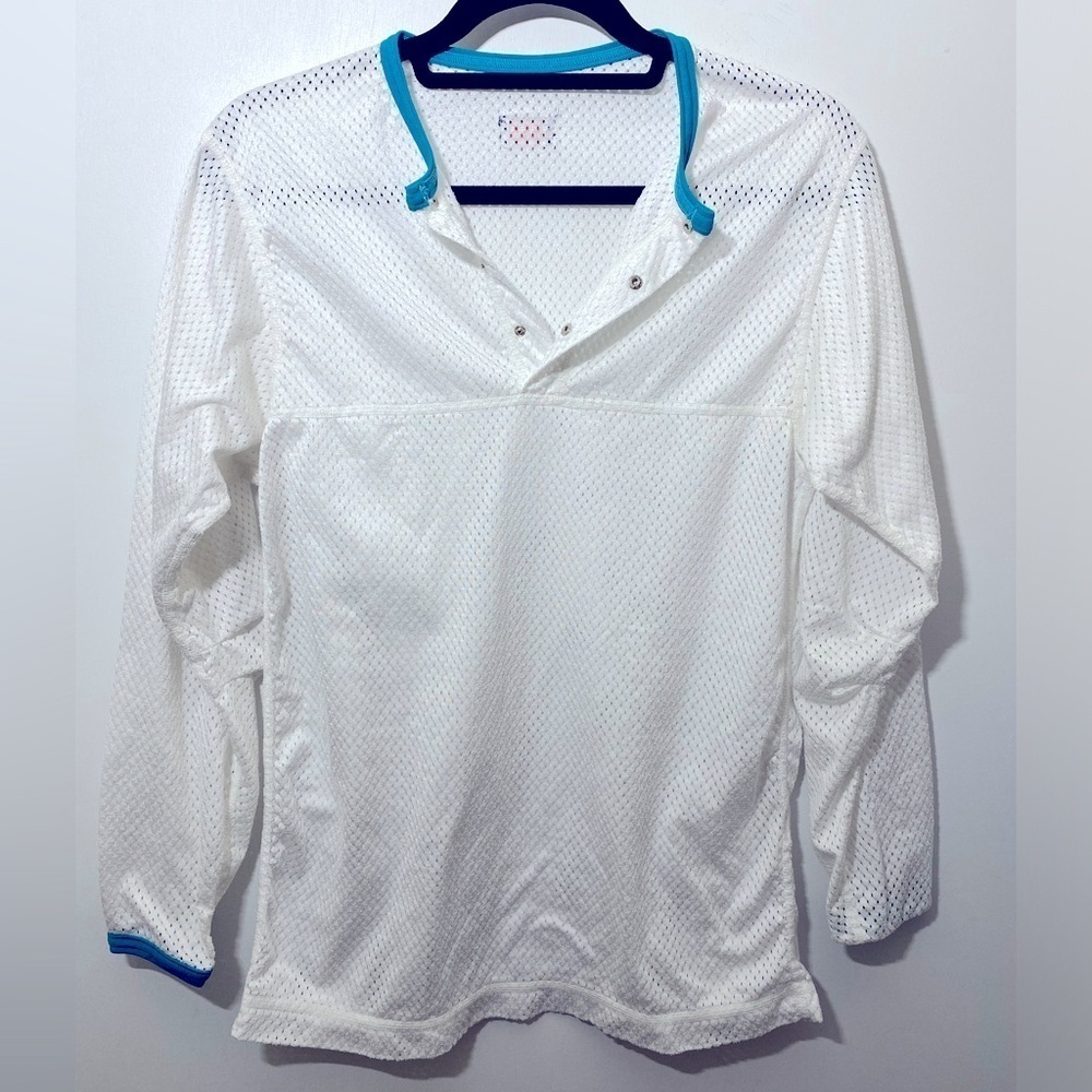 REI 90's Vintage white Blue Mesh Henley Sz S P-15